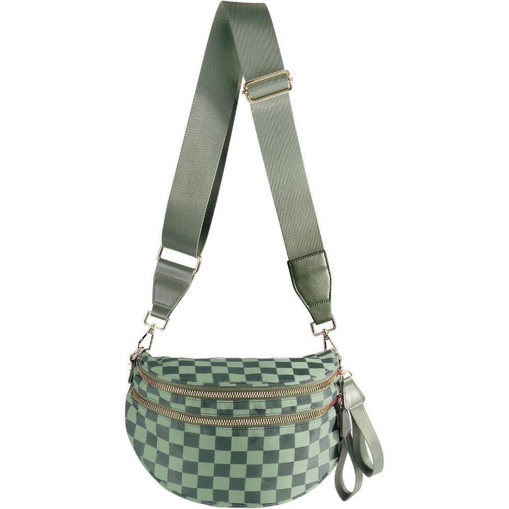Women's Green Nylon Checkered Classic Adjustable Straps Zipper Crossbody Bag